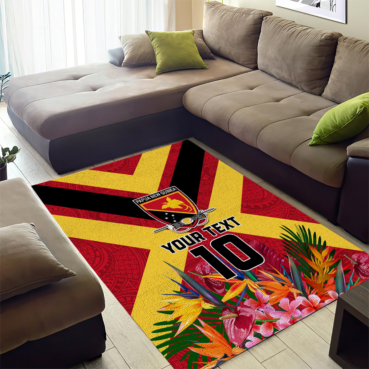 Custom Papua New Guinea Rugby Area Rug Bird of Paradise and Hibiscus Polynesian Pattern Red Color