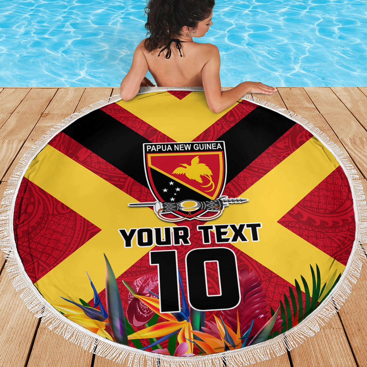 Custom Papua New Guinea Rugby Beach Blanket Bird of Paradise and Hibiscus Polynesian Pattern Red Color
