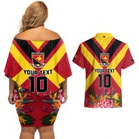 Custom Papua New Guinea Rugby Couples Matching Off Shoulder Short Dress and Hawaiian Shirt Bird of Paradise and Hibiscus Polynesian Pattern Red Color LT03