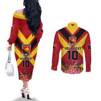 Custom Papua New Guinea Rugby Couples Matching Off The Shoulder Long Sleeve Dress and Long Sleeve Button Shirt Bird of Paradise and Hibiscus Polynesian Pattern Red Color LT03