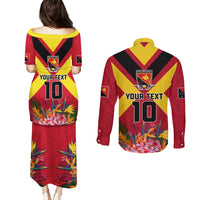 Custom Papua New Guinea Rugby Couples Matching Puletasi and Long Sleeve Button Shirt Bird of Paradise and Hibiscus Polynesian Pattern Red Color LT03