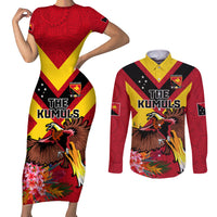 Custom Papua New Guinea Rugby Couples Matching Short Sleeve Bodycon Dress and Long Sleeve Button Shirt Bird of Paradise and Hibiscus Polynesian Pattern Red Color LT03