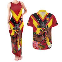 Custom Papua New Guinea Rugby Couples Matching Tank Maxi Dress and Hawaiian Shirt Bird of Paradise and Hibiscus Polynesian Pattern Red Color LT03