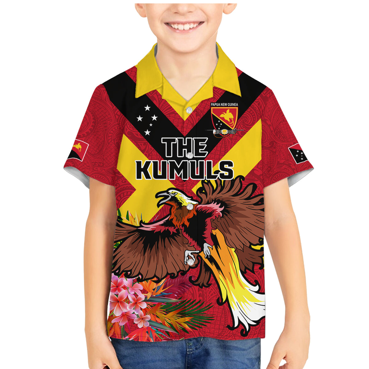 Custom Papua New Guinea Rugby Family Matching Mermaid Dress and Hawaiian Shirt Bird of Paradise and Hibiscus Polynesian Pattern Red Color LT03