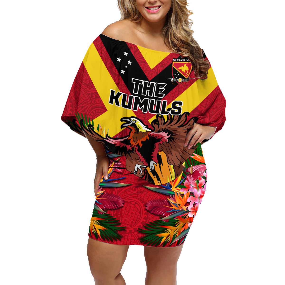 Custom Papua New Guinea Rugby Family Matching Off Shoulder Short Dress and Hawaiian Shirt Bird of Paradise and Hibiscus Polynesian Pattern Red Color LT03