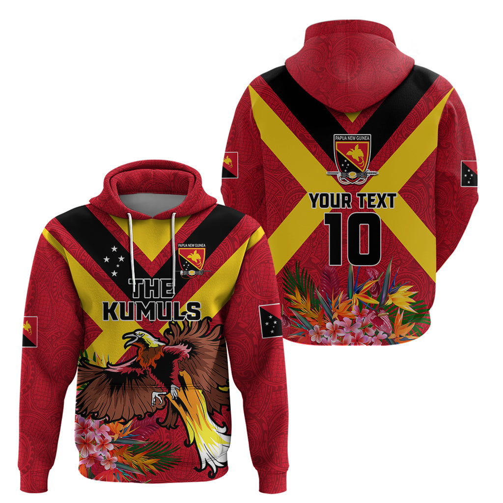 Custom Papua New Guinea Rugby Hoodie Bird of Paradise and Hibiscus Polynesian Pattern Red Color LT03