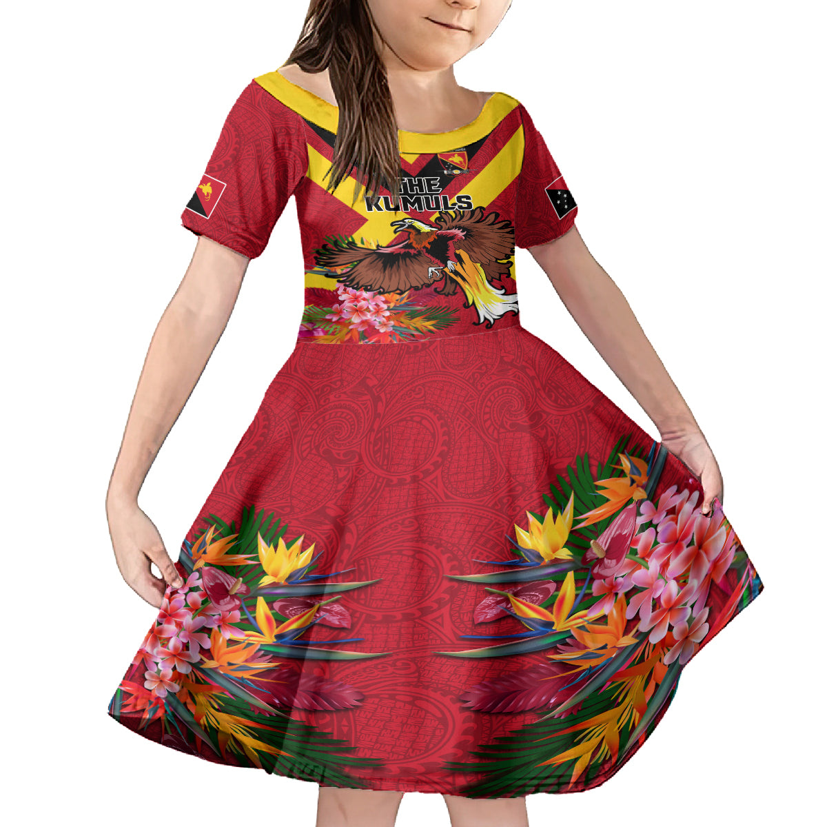 Custom Papua New Guinea Rugby Kid Short Sleeve Dress Bird of Paradise and Hibiscus Polynesian Pattern Red Color LT03
