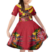 Custom Papua New Guinea Rugby Kid Short Sleeve Dress Bird of Paradise and Hibiscus Polynesian Pattern Red Color LT03