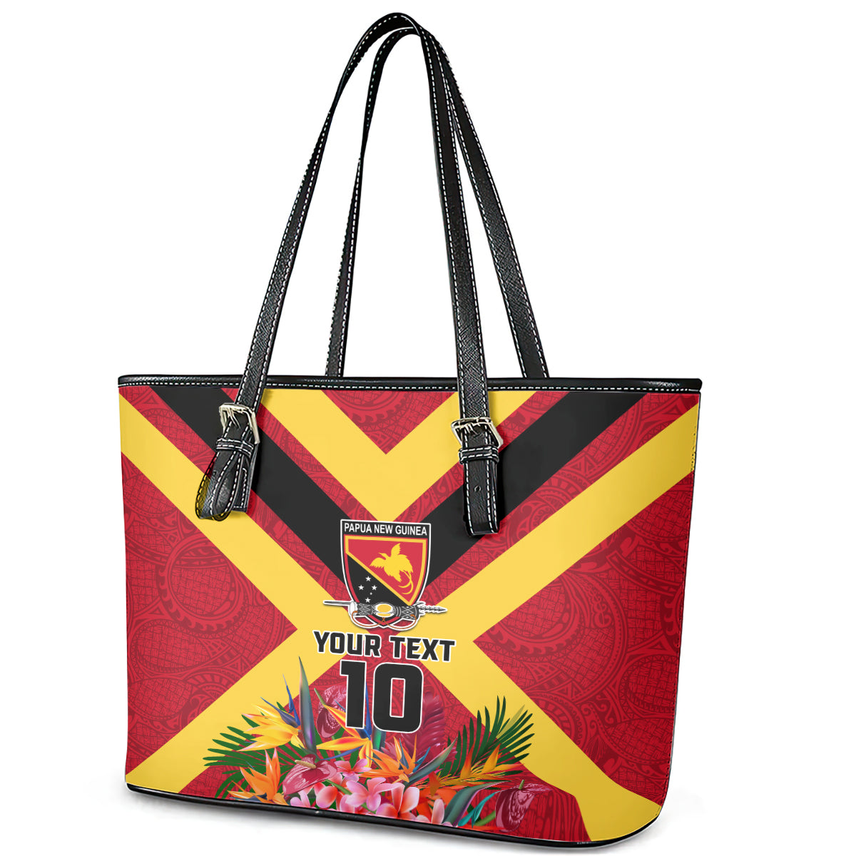 Custom Papua New Guinea Rugby Leather Tote Bag Bird of Paradise and Hibiscus Polynesian Pattern Red Color