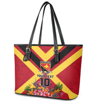 Custom Papua New Guinea Rugby Leather Tote Bag Bird of Paradise and Hibiscus Polynesian Pattern Red Color