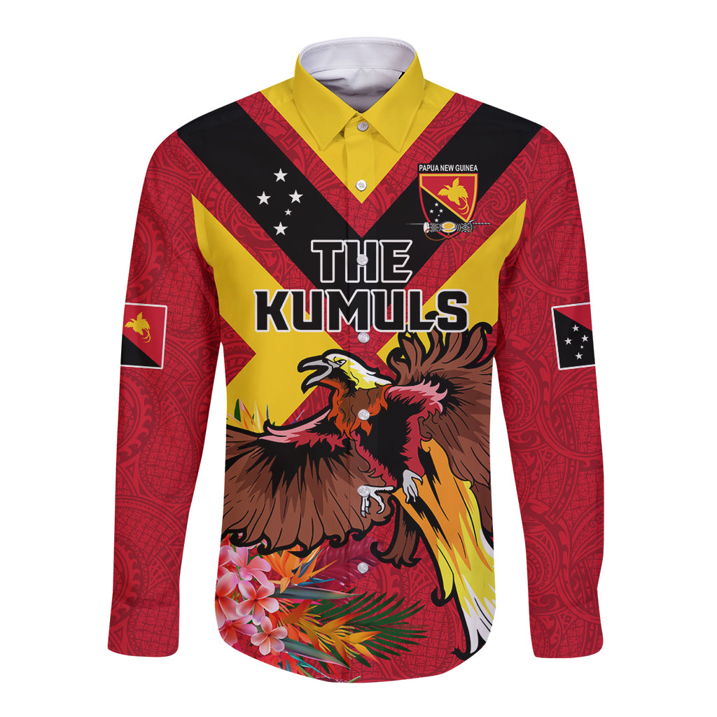 Custom Papua New Guinea Rugby Long Sleeve Button Shirt Bird of Paradise and Hibiscus Polynesian Pattern Red Color LT03