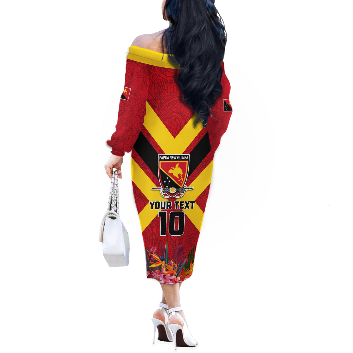 Custom Papua New Guinea Rugby Off The Shoulder Long Sleeve Dress Bird of Paradise and Hibiscus Polynesian Pattern Red Color LT03