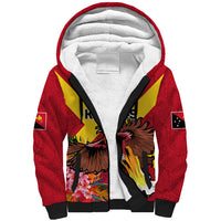 Custom Papua New Guinea Rugby Sherpa Hoodie Bird of Paradise and Hibiscus Polynesian Pattern Red Color LT03