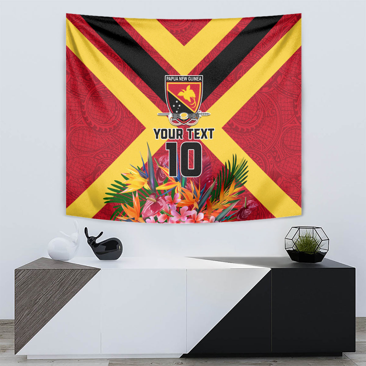 Custom Papua New Guinea Rugby Tapestry Bird of Paradise and Hibiscus Polynesian Pattern Red Color LT03 - Polynesian Pride