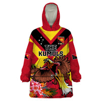 Custom Papua New Guinea Rugby Wearable Blanket Hoodie Bird of Paradise and Hibiscus Polynesian Pattern Red Color LT03