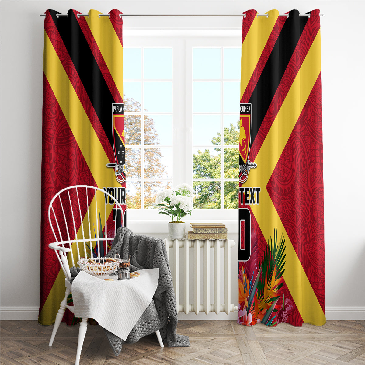 Custom Papua New Guinea Rugby Window Curtain Bird of Paradise and Hibiscus Polynesian Pattern Red Color