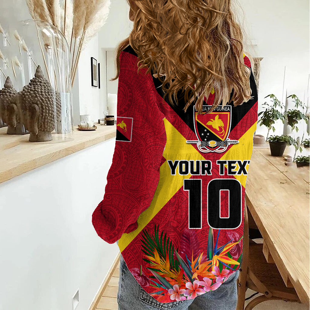 Custom Papua New Guinea Rugby Women Casual Shirt Bird of Paradise and Hibiscus Polynesian Pattern Red Color LT03