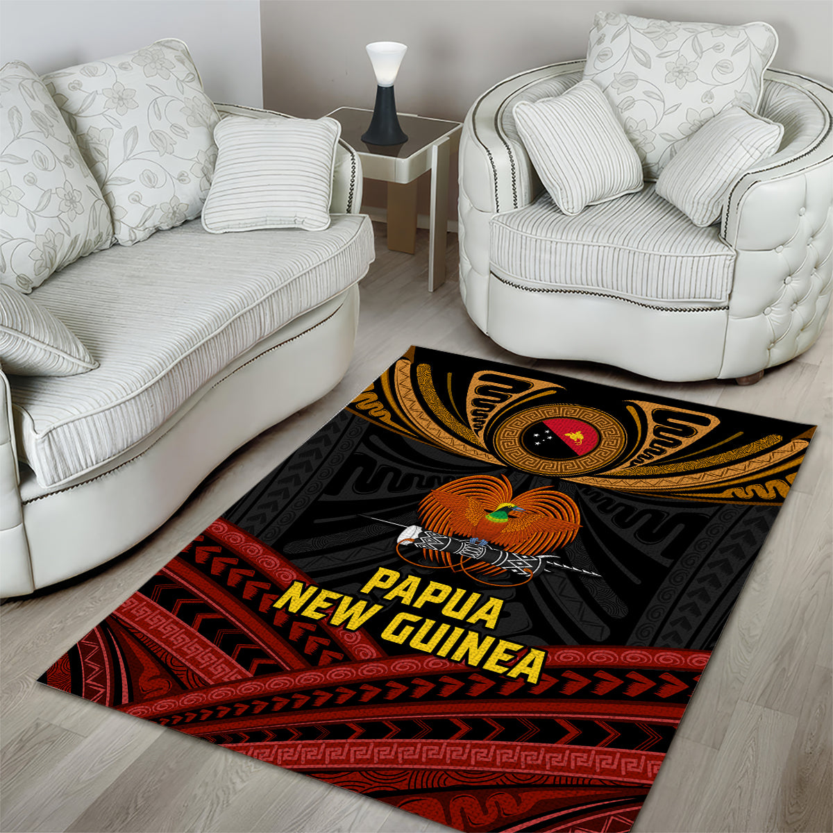 Papua New Guinea Bird-of-Paradise Area Rug Coat of Arms and Tribal Patterns