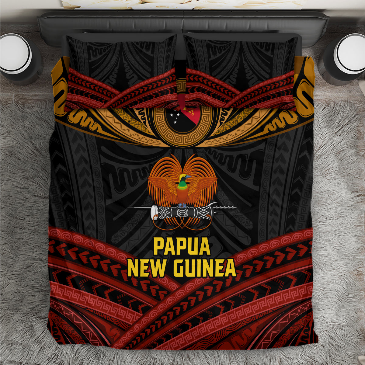 Papua New Guinea Bird-of-Paradise Bedding Set Coat of Arms and Tribal Patterns LT03 Black - Polynesian Pride