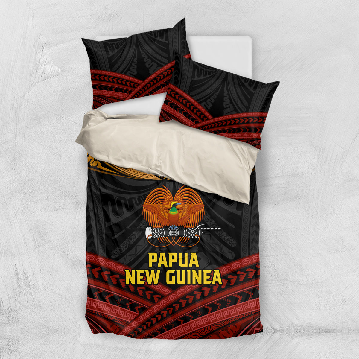 Papua New Guinea Bird-of-Paradise Bedding Set Coat of Arms and Tribal Patterns LT03 US Twin 172cm x 218cm Black - Polynesian Pride