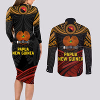 Papua New Guinea Bird-of-Paradise Couples Matching Long Sleeve Bodycon Dress and Long Sleeve Button Shirt Coat of Arms and Tribal Patterns LT03 - Polynesian Pride