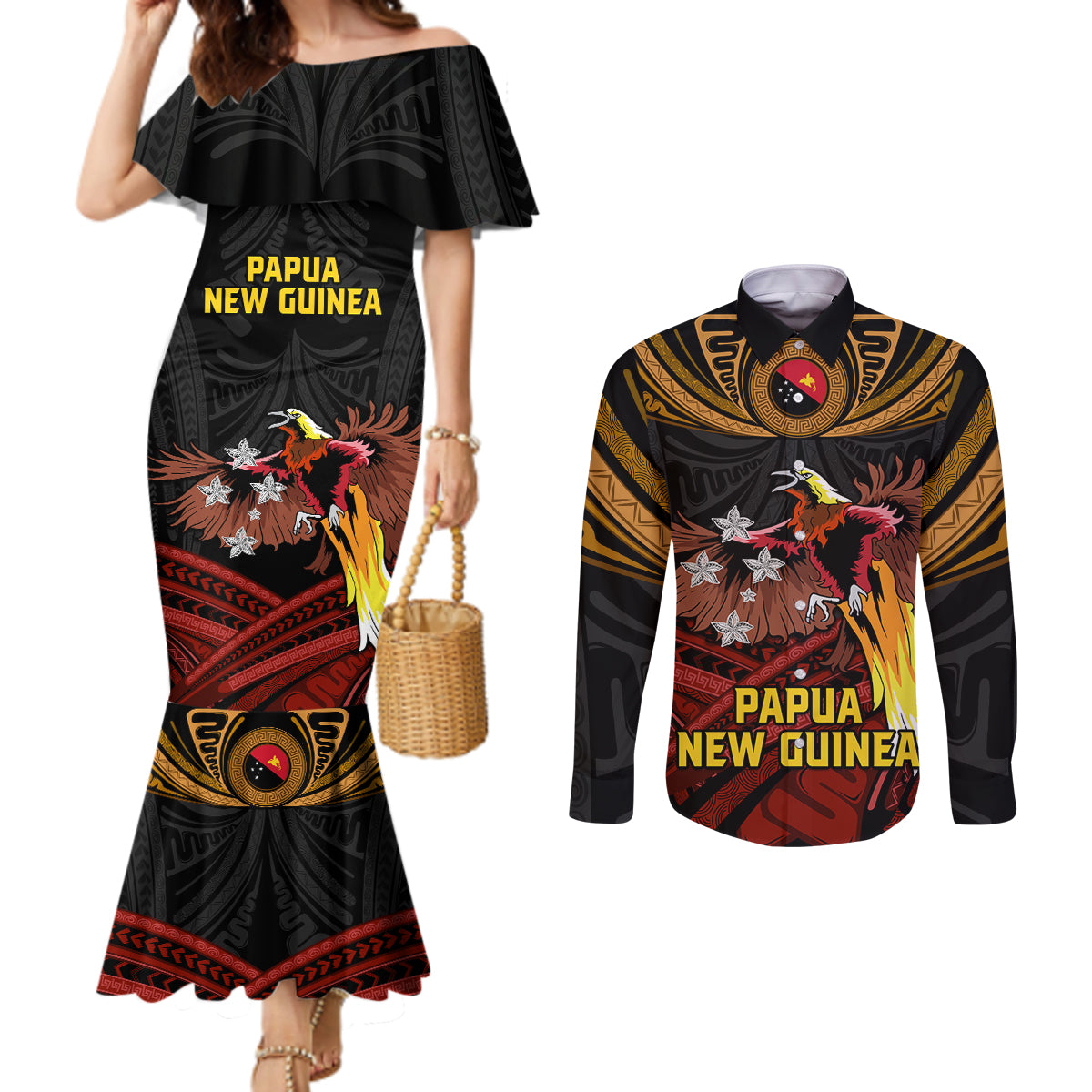 Papua New Guinea Bird-of-Paradise Couples Matching Mermaid Dress and Long Sleeve Button Shirt Coat of Arms and Tribal Patterns LT03 Black - Polynesian Pride