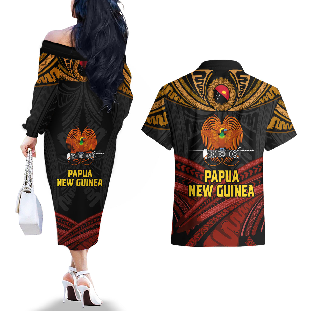 Papua New Guinea Bird-of-Paradise Couples Matching Off The Shoulder Long Sleeve Dress and Hawaiian Shirt Coat of Arms and Tribal Patterns LT03 - Polynesian Pride