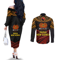Papua New Guinea Bird-of-Paradise Couples Matching Off The Shoulder Long Sleeve Dress and Long Sleeve Button Shirt Coat of Arms and Tribal Patterns LT03 - Polynesian Pride