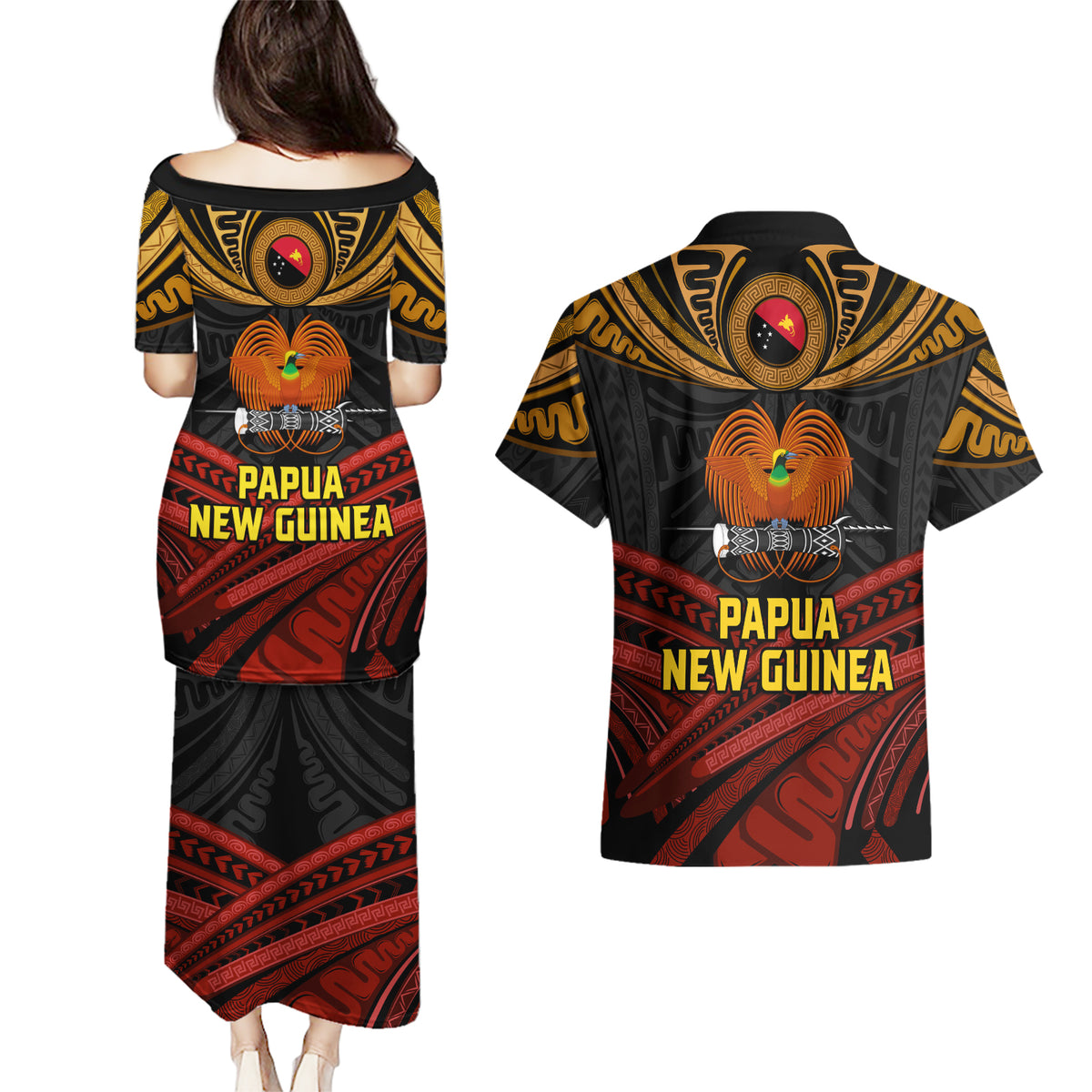 Papua New Guinea Bird-of-Paradise Couples Matching Puletasi and Hawaiian Shirt Coat of Arms and Tribal Patterns LT03 - Polynesian Pride