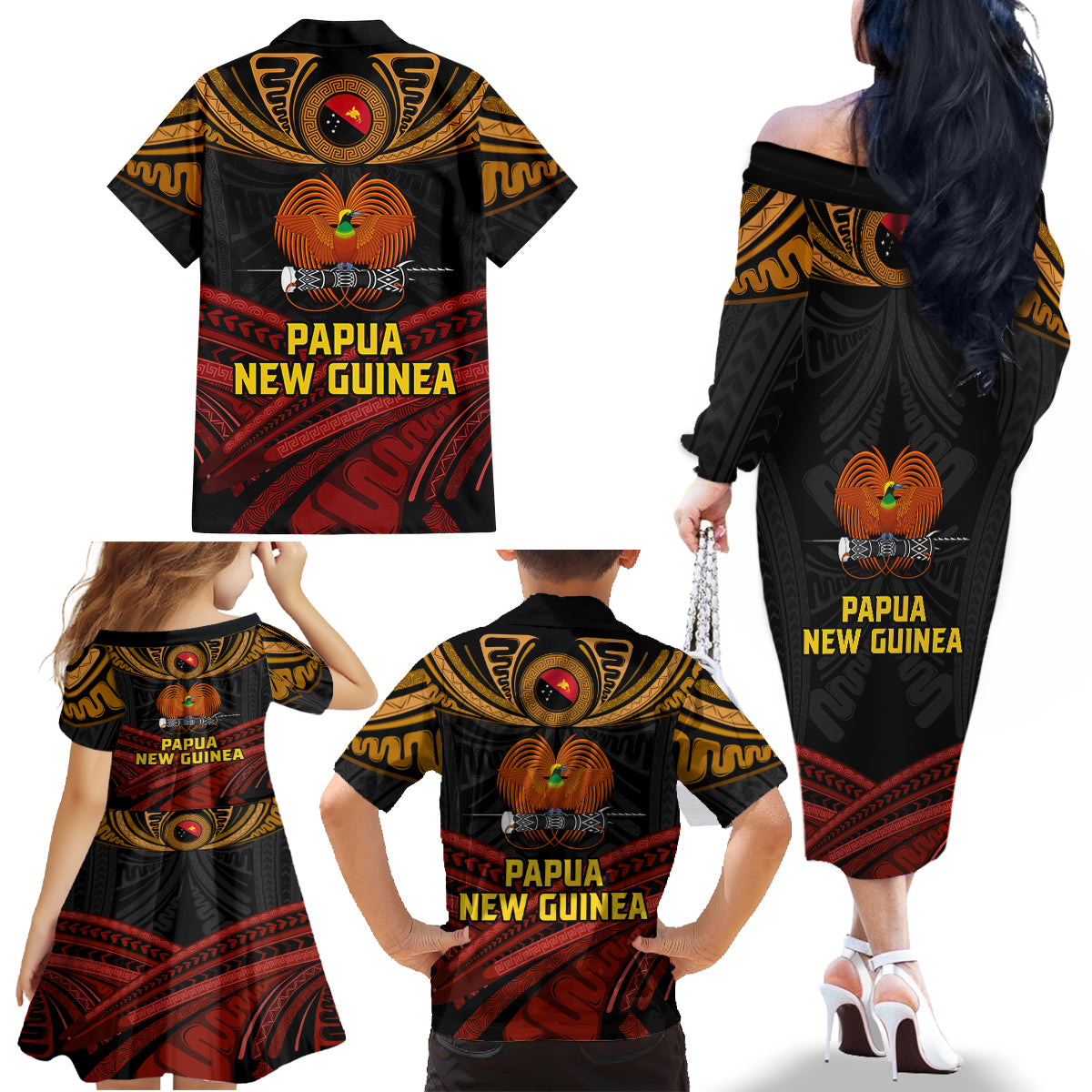 Papua New Guinea Bird-of-Paradise Family Matching Off The Shoulder Long Sleeve Dress and Hawaiian Shirt Coat of Arms and Tribal Patterns LT03 - Polynesian Pride