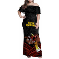 Papua New Guinea Bird-of-Paradise Family Matching Off Shoulder Maxi Dress and Hawaiian Shirt Coat of Arms and Tribal Patterns LT03 Mom's Dress Black - Polynesian Pride