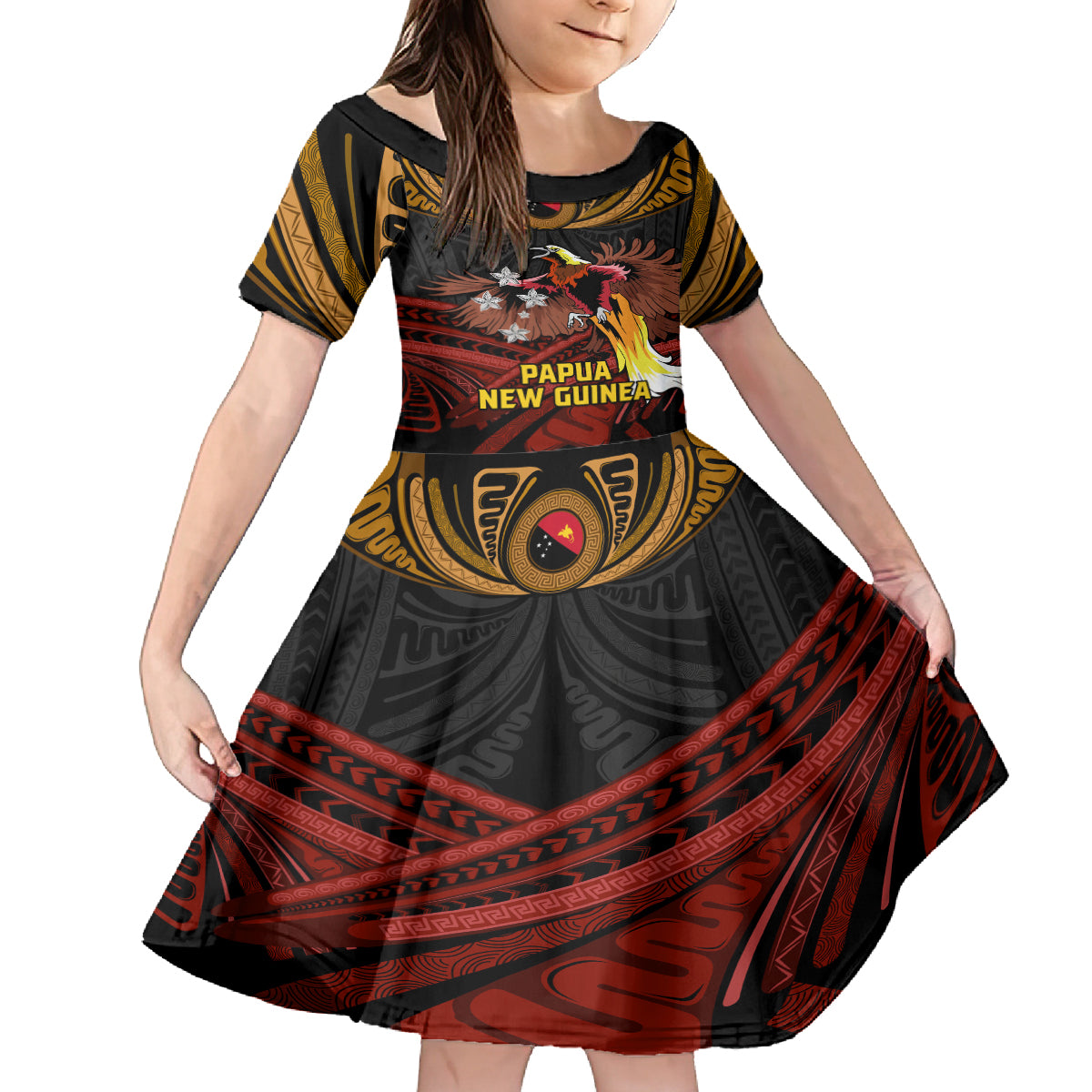 Papua New Guinea Bird-of-Paradise Kid Short Sleeve Dress Coat of Arms and Tribal Patterns LT03 KID Black - Polynesian Pride