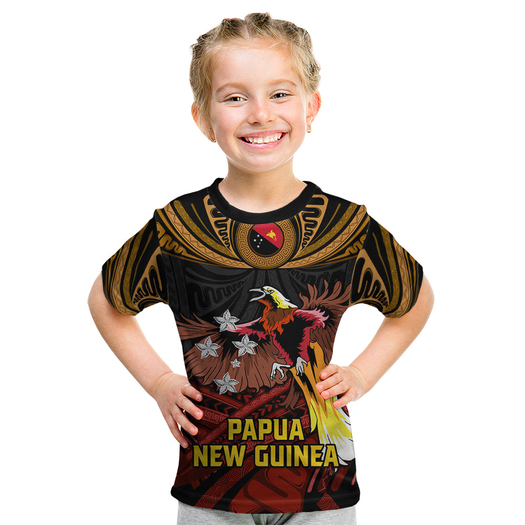 Papua New Guinea Bird-of-Paradise Kid T Shirt Coat of Arms and Tribal Patterns LT03 Black - Polynesian Pride