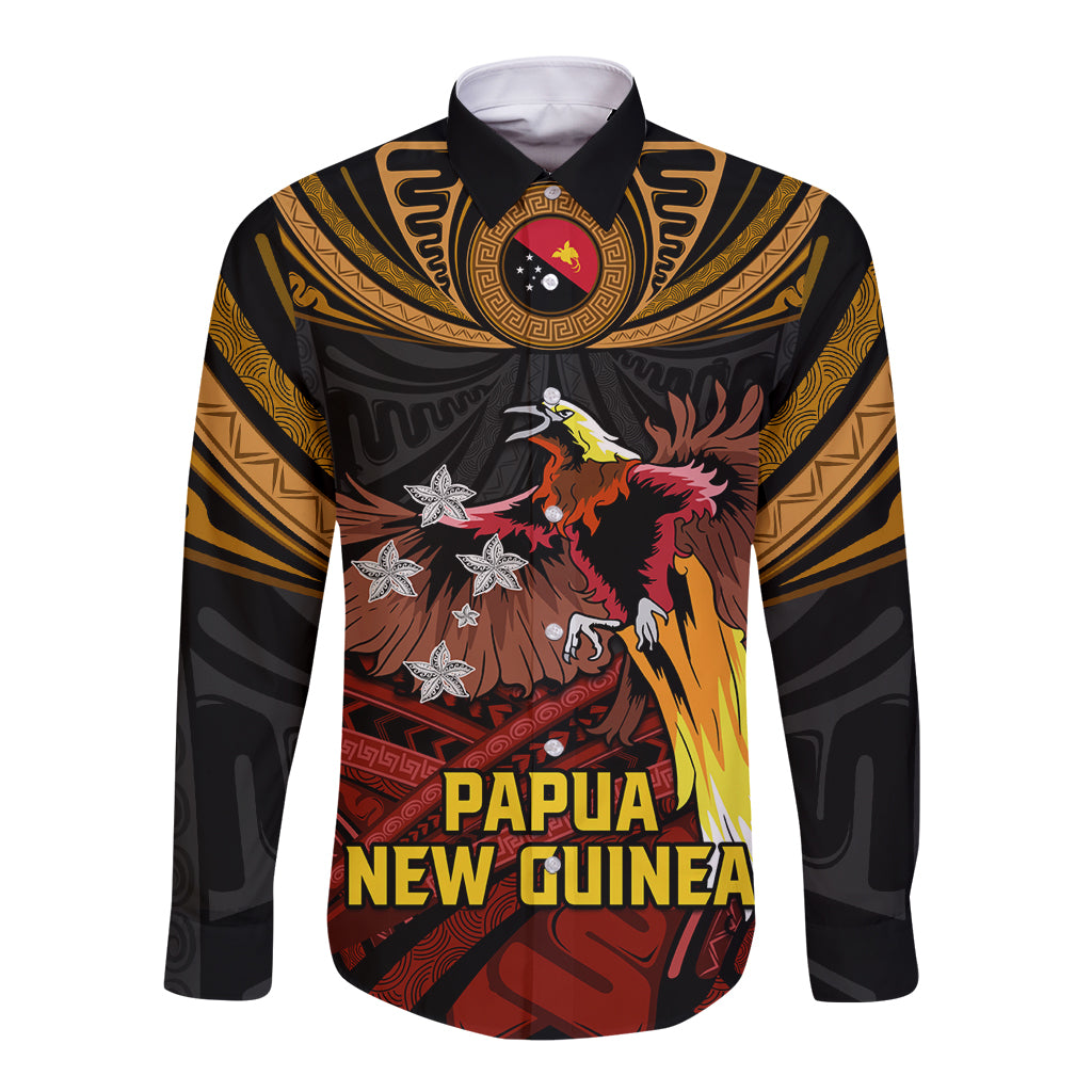 Papua New Guinea Bird-of-Paradise Long Sleeve Button Shirt Coat of Arms and Tribal Patterns LT03 Unisex Black - Polynesian Pride