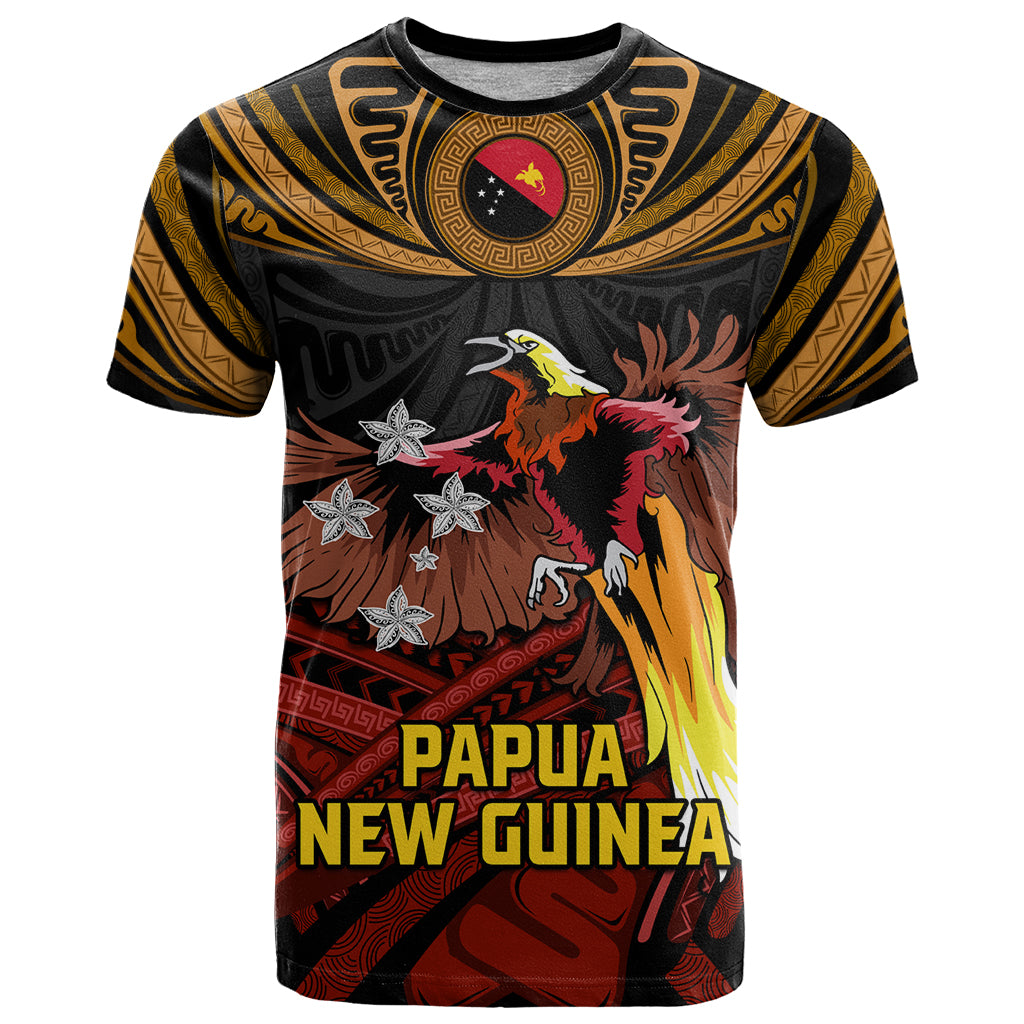 Papua New Guinea Bird-of-Paradise T Shirt Coat of Arms and Tribal Patterns LT03 Black - Polynesian Pride