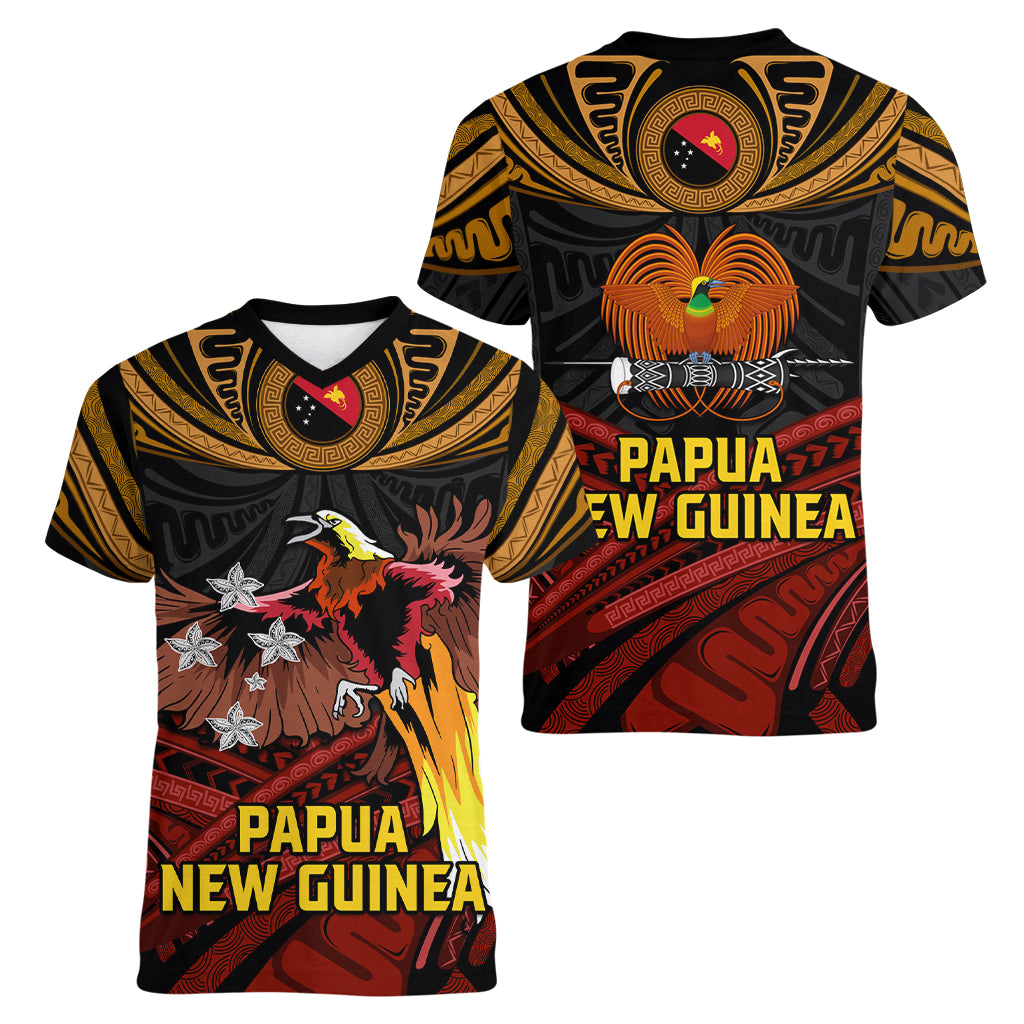 Papua New Guinea Bird-of-Paradise Women V Neck T Shirt Coat of Arms and Tribal Patterns LT03 - Polynesian Pride