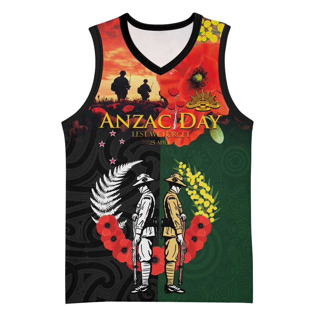New Zealand and Australia ANZAC Day Basketball Jersey Lest We Forget Indigenous and Maori Pattern