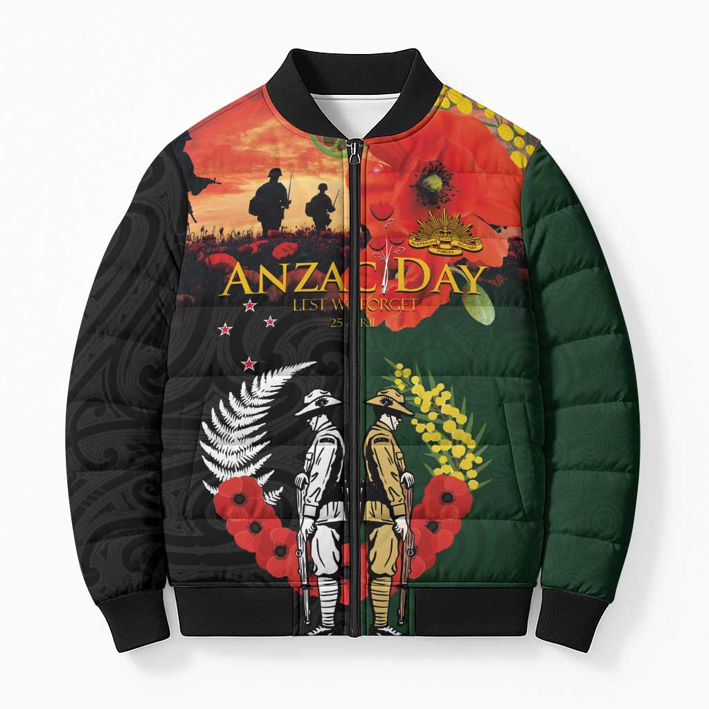 New Zealand and Australia ANZAC Day Bomber Puffer Jacket Lest We Forget Indigenous and Maori Pattern