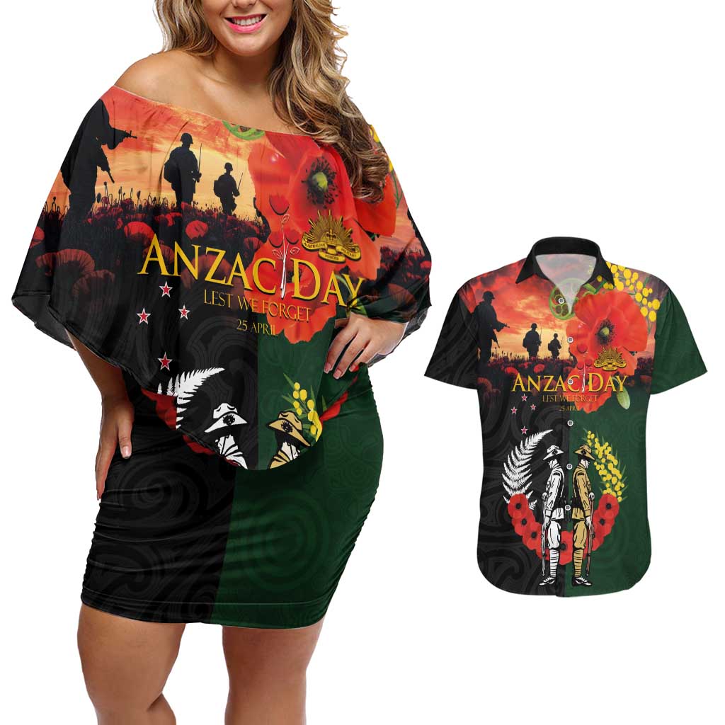 New Zealand and Australia ANZAC Day Couples Matching Off Shoulder Short Dress and Hawaiian Shirt Lest We Forget Indigenous and Maori Pattern LT03 Multicolor - Polynesian Pride