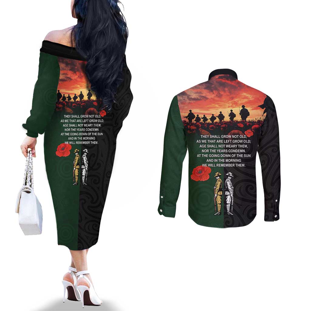 New Zealand and Australia ANZAC Day Couples Matching Off The Shoulder Long Sleeve Dress and Long Sleeve Button Shirt Lest We Forget Indigenous and Maori Pattern
