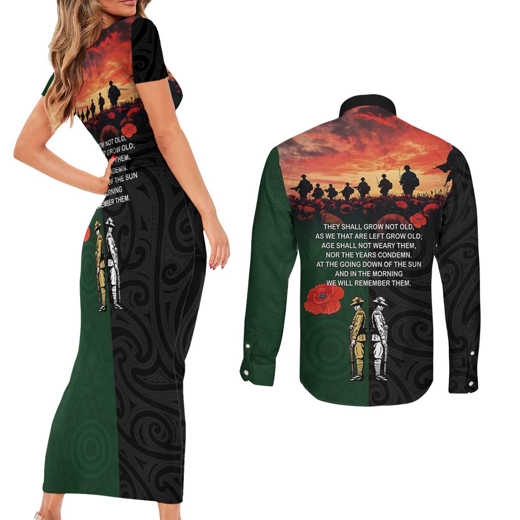 New Zealand and Australia ANZAC Day Couples Matching Short Sleeve Bodycon Dress and Long Sleeve Button Shirt Lest We Forget Indigenous and Maori Pattern