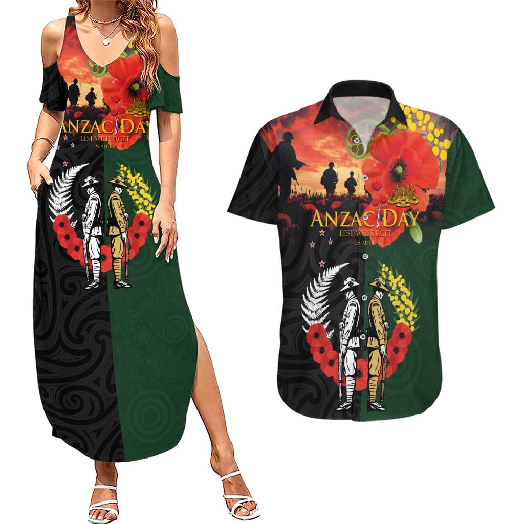 New Zealand and Australia ANZAC Day Couples Matching Summer Maxi Dress and Hawaiian Shirt Lest We Forget Indigenous and Maori Pattern