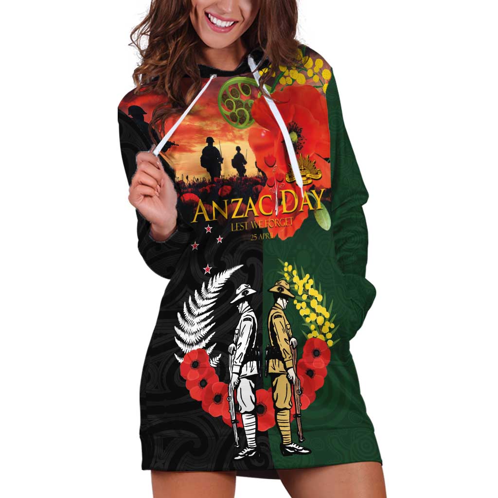 New Zealand and Australia ANZAC Day Hoodie Dress Lest We Forget Indigenous and Maori Pattern