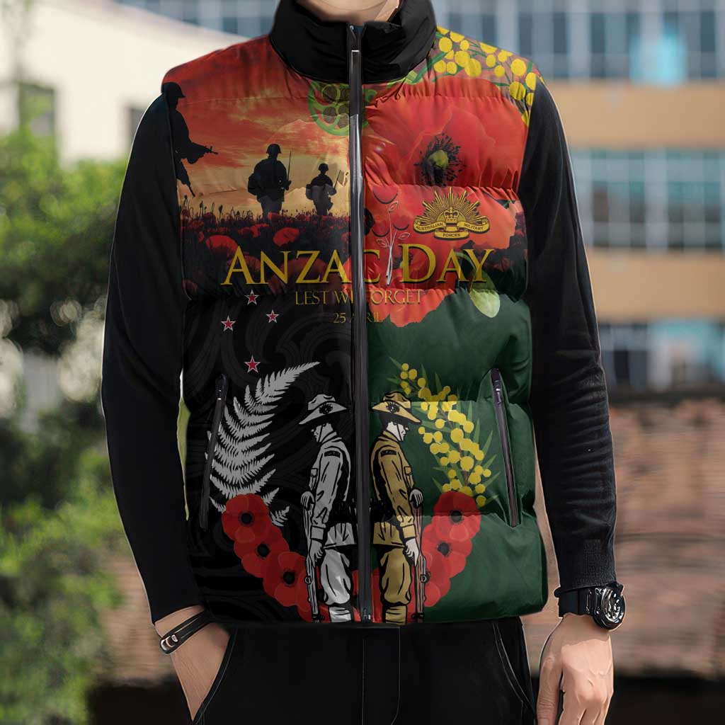 New Zealand and Australia ANZAC Day Sleeveless Puffer Jacket Lest We Forget Indigenous and Maori Pattern