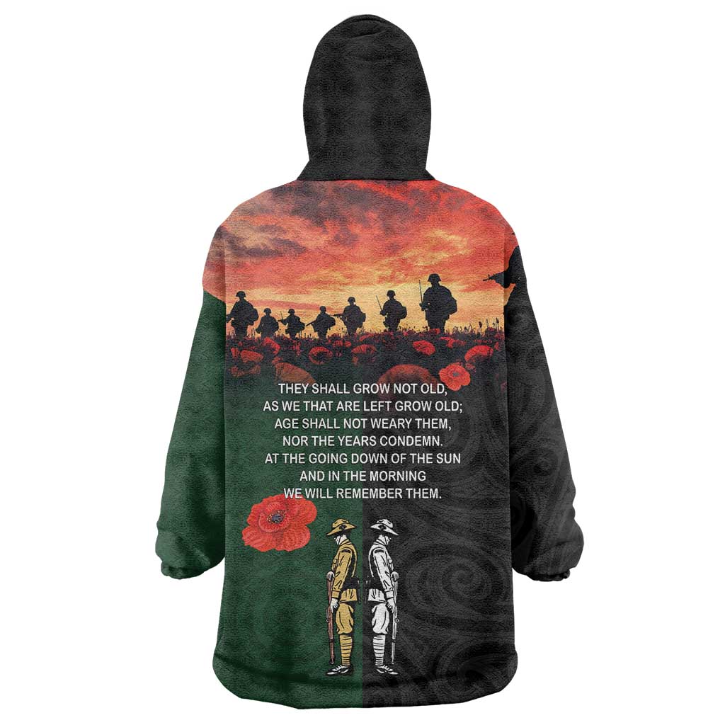 New Zealand and Australia ANZAC Day Wearable Blanket Hoodie Lest We Forget Indigenous and Maori Pattern