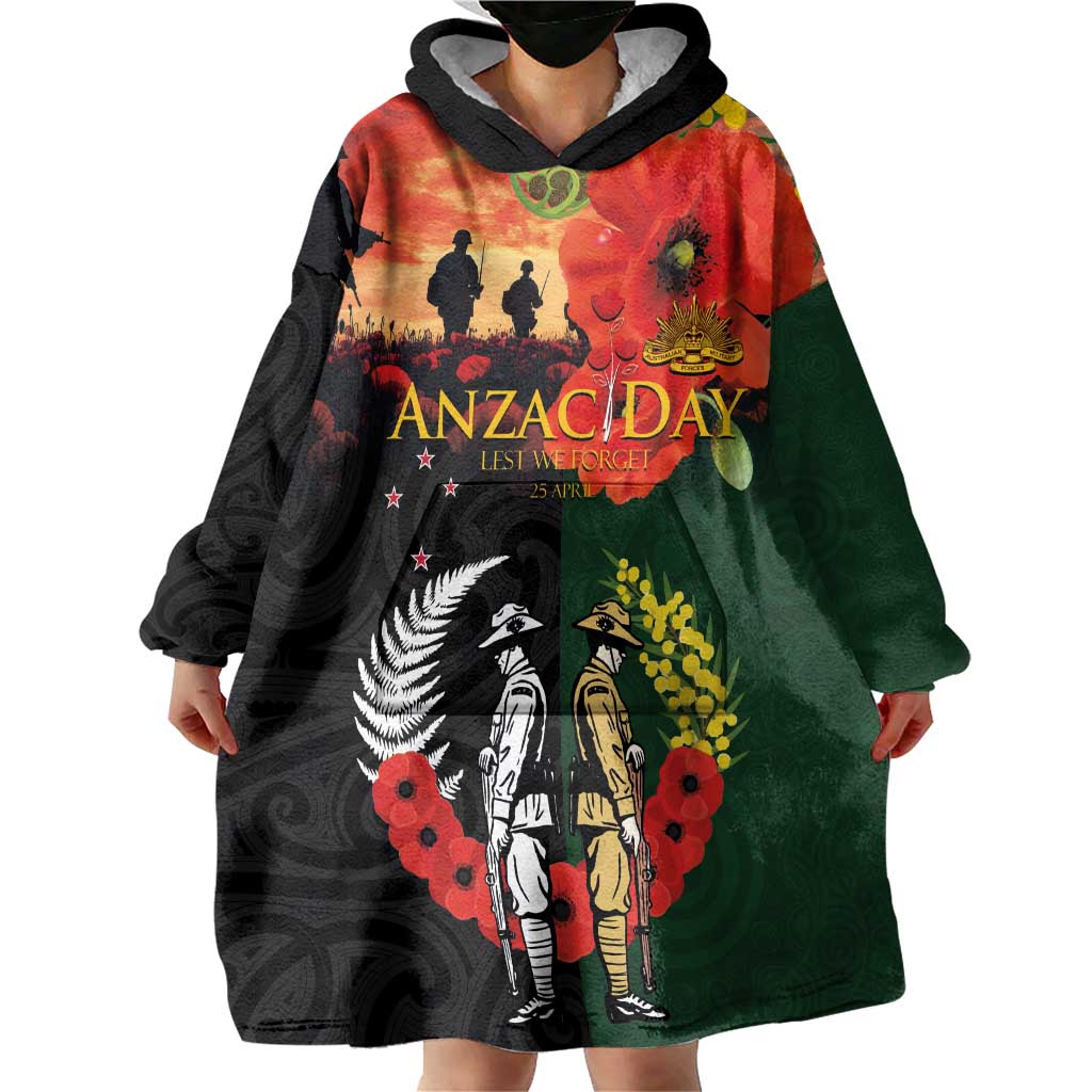 New Zealand and Australia ANZAC Day Wearable Blanket Hoodie Lest We Forget Indigenous and Maori Pattern