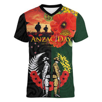 New Zealand and Australia ANZAC Day Women V-Neck T-Shirt Lest We Forget Indigenous and Maori Pattern LT03 Female Multicolor - Polynesian Pride