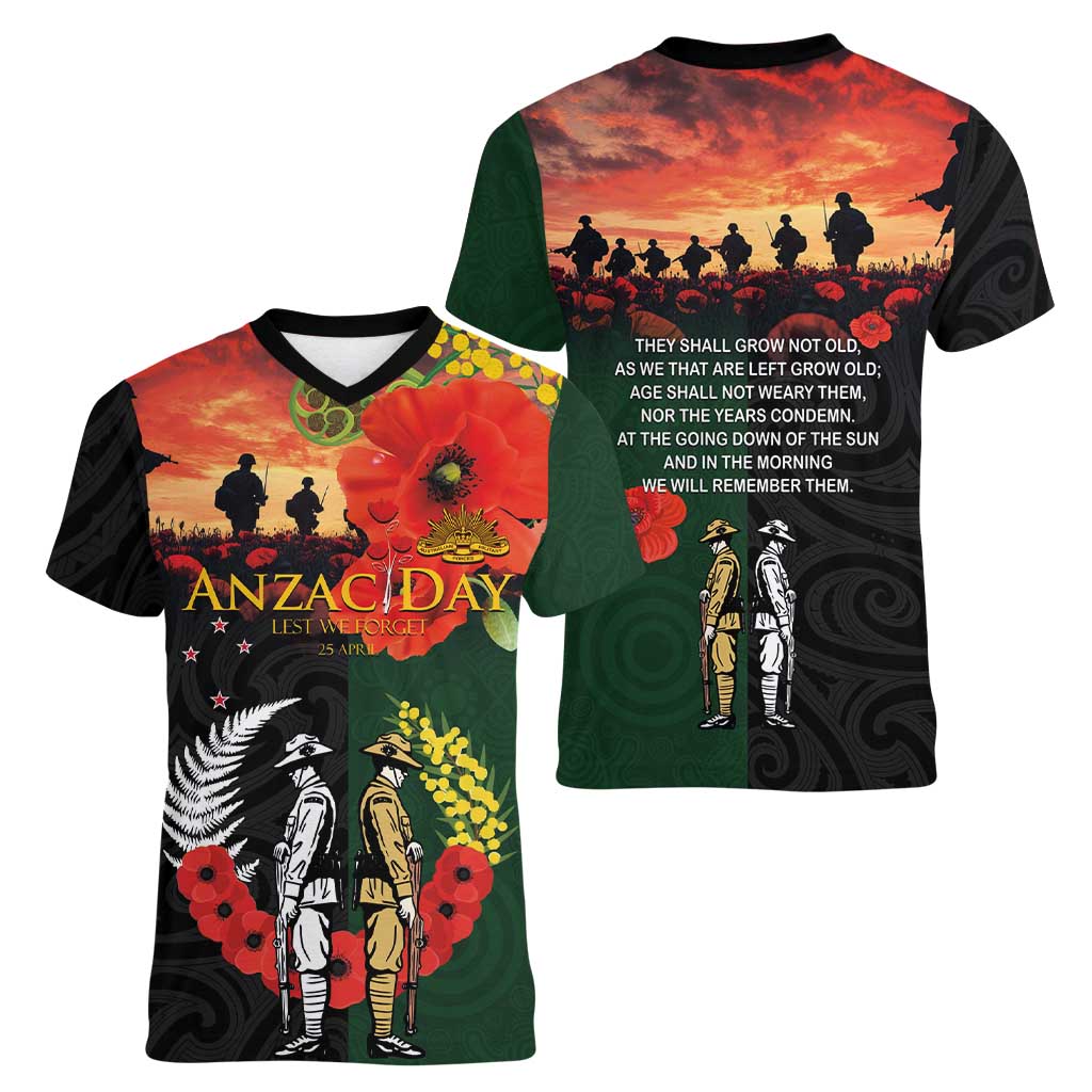 New Zealand and Australia ANZAC Day Women V-Neck T-Shirt Lest We Forget Indigenous and Maori Pattern LT03 - Polynesian Pride