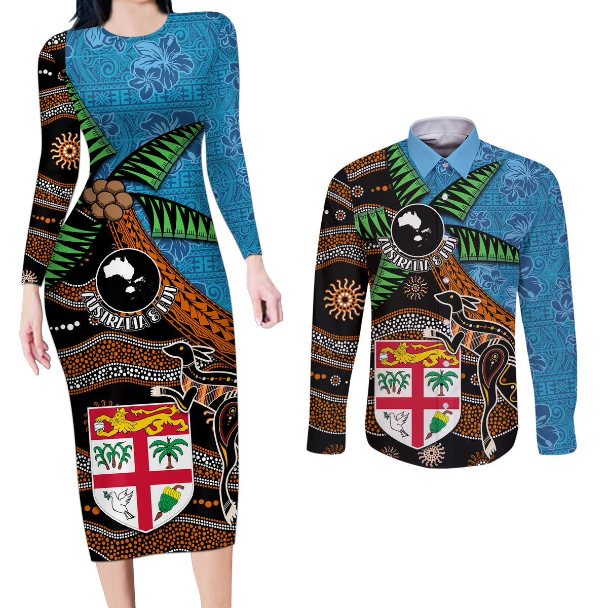 Fiji and Australia Couples Matching Long Sleeve Bodycon Dress and Long Sleeve Button Shirt Fijian and Aboriginal mix Culture