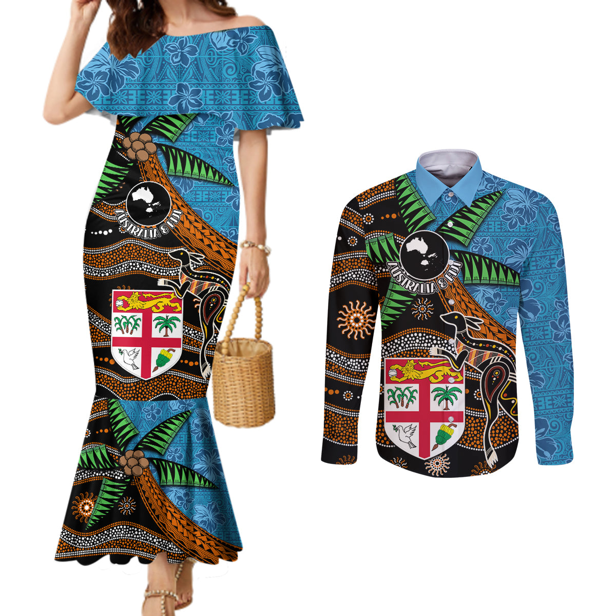 Fiji and Australia Couples Matching Mermaid Dress and Long Sleeve Button Shirt Fijian and Aboriginal mix Culture